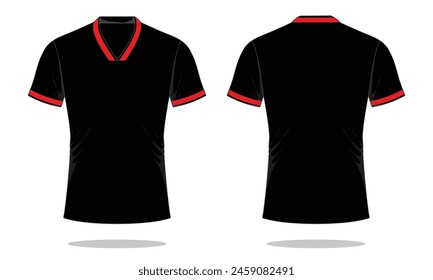 Diseño De Jersey De Fútbol De Manga Corta Negro-Rojo Sobre Fondo Blanco.
Vista frontal y posterior, archivo de Vector