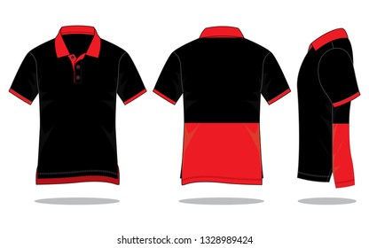 Black-Red Short Sleeve Polo Shirt With Trim Style Design on White Background. Front Back and Side View.