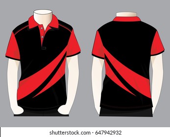 Black-Red Short Sleeve Polo Shirt with Curve Style Design on Gray Background. Front and Back Views, Vector File.