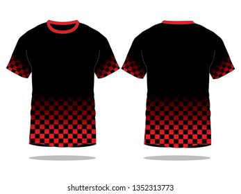 Black-Red Short Sleeve T-Shirt With Checkered Pattern Graphic Line Design On White Background.
Front And Back View, Vector File.