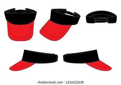 Black-Red Sun Visor Cap With Snap Back Design On White Background, Vector File.