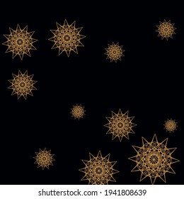 BlackRich Sharp Gold Chaotic Wallpaper. Gothic Print Christmas Colorful Luxury Sky Background. Mandala Folk Dark Snowflakes Stars Illustration. Mystery Golden New Year Mustard Autumn Ornament.