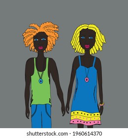 blacks in love. Vector illustration. Isolated. Coloring pages for adults and children. Cartoon. Hand-drawn doodle style. Can be used in your projects in banners and posters.