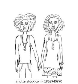 blacks in love. Vector illustration. Isolated. Coloring pages for adults and children. Cartoon. Hand-drawn doodle style. Can be used in your projects in banners and posters.