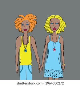 blacks in love. Vector illustration. Isolated. Coloring pages for adults and children. Cartoon. Hand-drawn doodle style. Can be used in your projects in banners and posters.