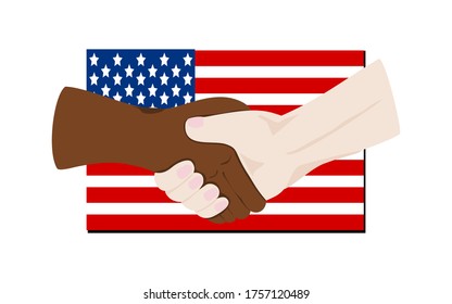Blacks and whites held hands in front of the American flag.hold one's hands.U.S.A.,U.S.,vector,illustration.