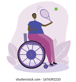 A black-skinned athlete in a wheelchair plays tennis with a racket and a ball. Flat vector stock illustration with an African man or woman with a disability as a concept of sport and healthy lifestyle