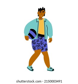 Black-skinned boy carrying a ball in his hand. African american kid in sport outfit on white background. Simple vector flat illustration 
