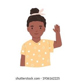 Black-skinned girl greeting smb by hi gesture. Little child waving with hand and saying hello. Portrait of smiling African kid. Colored flat vector illustration isolated on white background