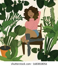 A black-skinned girl in a pink sweater and denim shorts sits in a botanical garden surrounded by various green plants and a ray of sun shines on it. Noise texture. Vector illustration.