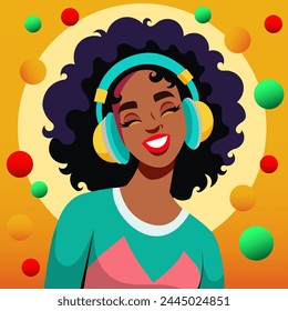 A black-skinned woman listens to music with joy while wearing headphones.