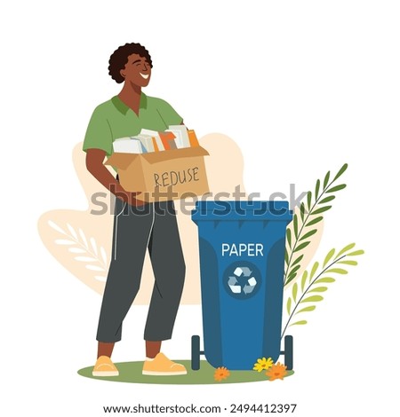 Black-skinned young man throwing out paper waste, sorting garbage. Boy separating trash to promote cleanliness and sustainability. Vector illustration for environment and ecology protection concept