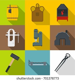 Blacksmith accessories icons set. Flat set of 9 blacksmith accessories vector icons for web with long shadow