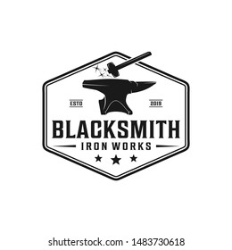Blacksmith anvil badge vintage logo. Iron works, metal works retro hipster logo