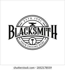 blacksmith anvil and hammer logo vintage vector logo illustration template icon design. workshop metal industry for professional worker with typography retro badge style
