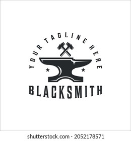 blacksmith anvil hammer logo vintage vector illustration template icon design. welding and forge service symbol for industrial company with retro typography style concept