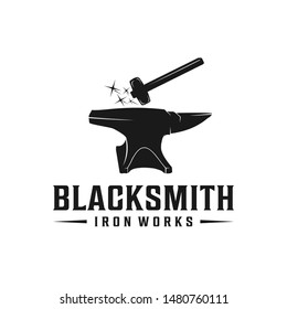 Blacksmith anvil with hammer retro hipster logo design