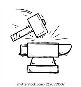 Blacksmith anvil and hammer. Symbol of work in forge. Forging and manufacturing of steel. Sketch Outline icon illustration