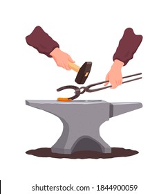 Blacksmith. Anvil. Hands holding tongs and a hammer. A red-hot horseshoe. Vector illustration in flat style.