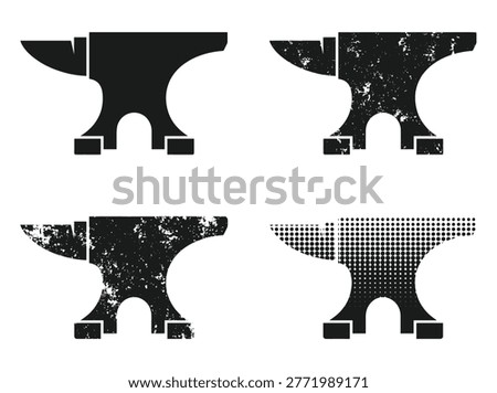 Blacksmith anvil icon collection in weathered and halftone textures, metalworking, forge equipment, industry, and repair
