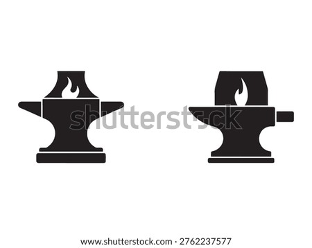 Blacksmith anvil silhouettes with flame on top forging tools icons