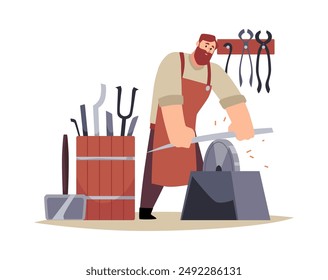 A blacksmith in an apron and boots sharpens iron at the blacksmith. Vector illustration of a medieval craftsman in flat style, isolated on a white background.