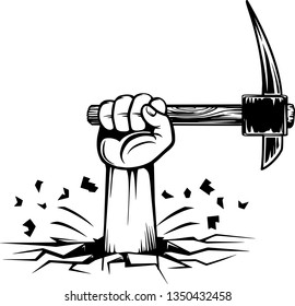 Blacksmith Arm Raised Up With Hand Holding pick axe Hammer Tool For Construction And Rock Demolition