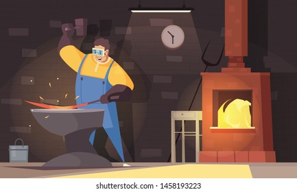 Blacksmith background with hard work and strength symbols flat vector illustration