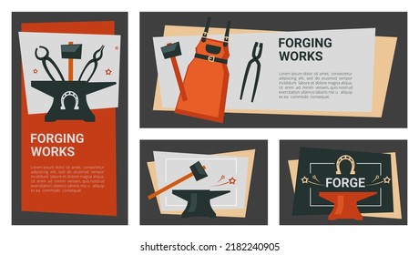 blacksmith banners. steel tools for blacksmith workers hammer wire cutters anvil. Vector print design banners templates
