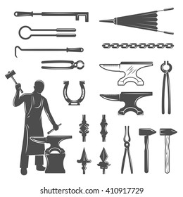 Blacksmith black white icons set with craftsman ironworks nippers pincers chain horseshoe sledge hammers isolated vector illustration