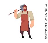 Blacksmith with bushy red beard and a leather apron stands with a large iron hammer slung over his shoulder. Tool for forging iron. Medieval character Vector illustration isolated on white background