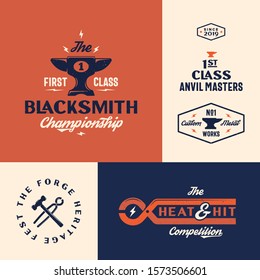 Blacksmith Championship Abstract Vector Vintage Signs, Emblems or Logo Templates Set. Cup or Goblet Looking Anvil Icon with Retro Typography and Tools Emblems Bundle. Shabby Textures. Isolated.