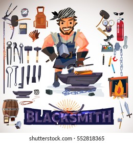 Blacksmith character design with metalwork tools. typographic for header. infographic. icon elements - vector illustration