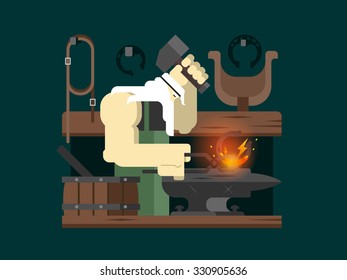 Blacksmith character. Hammer and anvil, worker and metal, person man, flat vector illustration