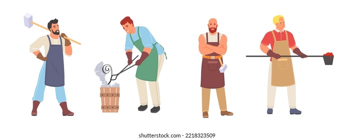 Blacksmith character at medieval forge vector cartoon set. Master smith in apron working on hot iron, coal using hammer illustration. Ancient historic person at workshop isolated on white background