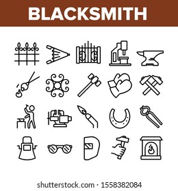 Blacksmith Collection Elements Icons Set Vector Thin Line. Wrought Fence And Gate, Railing And Signboard, Glasses And Gloves, Blacksmith Concept Linear Pictograms. Monochrome Contour Illustrations