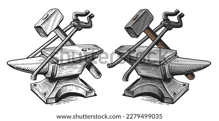 Blacksmith craft concept. Anvil, hammer, tongs. Metal working tools. Hand drawn sketch vintage vector illustration