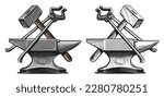 Blacksmith craft concept. Hammer, tongs, anvil. Metal working tools. Hand drawn sketch vintage vector illustration