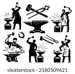Blacksmith craft concept. Workshop metal work vector illustration. Tools, hammer and anvil set
