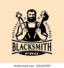 Blacksmith craft, workshop logo or emblem. Artistic forging, metal work symbol. Vector illustration