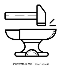 Blacksmith crafting anvil with hammer line art icon