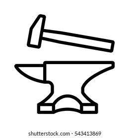 Blacksmith crafting anvil with hammer line art vector icon for games and websites