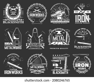 Blacksmith custom metal and iron work icons. Blacksmith workshop, forging craftsman vector retro emblems set. Blacksmith apron, horseshoe and sledgehammer, tongs, forge bellows and steel chain, anvil