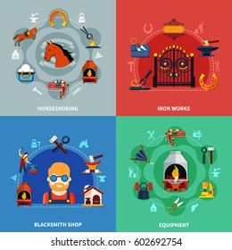 Blacksmith design concept set of four colorful iron works compositions with doodle icons of horseshoeing equipment vector illustration
