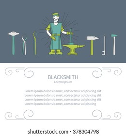 Blacksmith and design element with place for your text. Banner or flyer template with a hammer, anvil, blacksmith. Blacksmith vector line style.