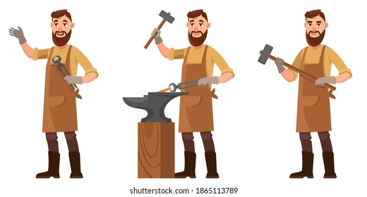 Blacksmith in different poses. Male character in cartoon style.