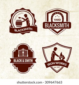Blacksmith emblems set with iron works workshop symbols isolated vector illustration