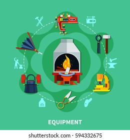 Blacksmith equipment composition with flat colorful icons of forging furnace scissors hammers vise and smiths uniform vector illustration