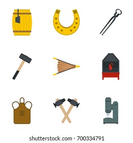 Blacksmith equipment icon set. Flat set of 9 blacksmith equipment vector icons for web isolated on white background