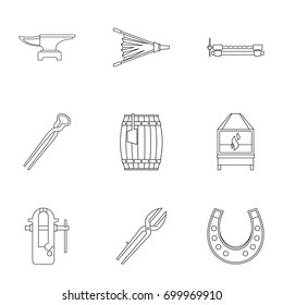 Blacksmith equipment icon set. Outline set of 9 blacksmith equipment vector icons for web isolated on white background